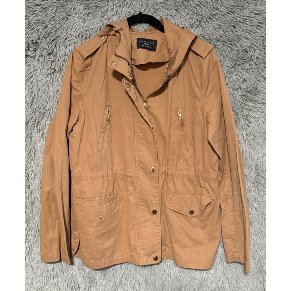 Love Tree Women's Medium Utility Jacket Hooded Cargo Pockets Snap Button Zip